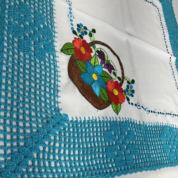 Handmade Crochet & Embroidered Floral Basket Cotton Tablecloth 24x24 Inches - Picture 3 of 5